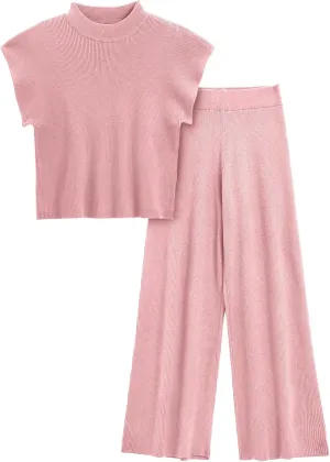 Imily Bela Women's 2 Piece Outfits Sweater Knit Sets Mock Neck Short Sleeve Tops Wide Leg Pants Casual Tracksuit