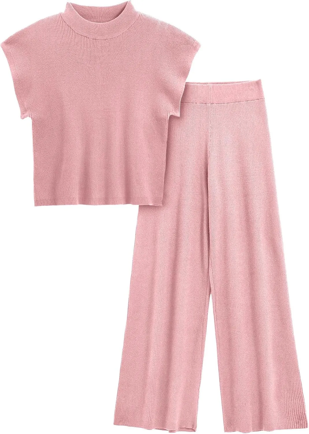 Imily Bela Women's 2 Piece Outfits Sweater Knit Sets Mock Neck Short Sleeve Tops Wide Leg Pants Casual Tracksuit