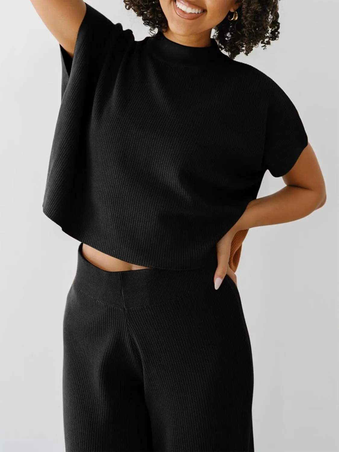 Imily Bela Women's 2 Piece Outfits Sweater Knit Sets Mock Neck Short Sleeve Tops Wide Leg Pants Casual Tracksuit