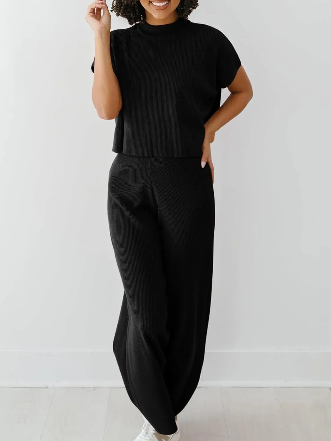 Imily Bela Women's 2 Piece Outfits Sweater Knit Sets Mock Neck Short Sleeve Tops Wide Leg Pants Casual Tracksuit
