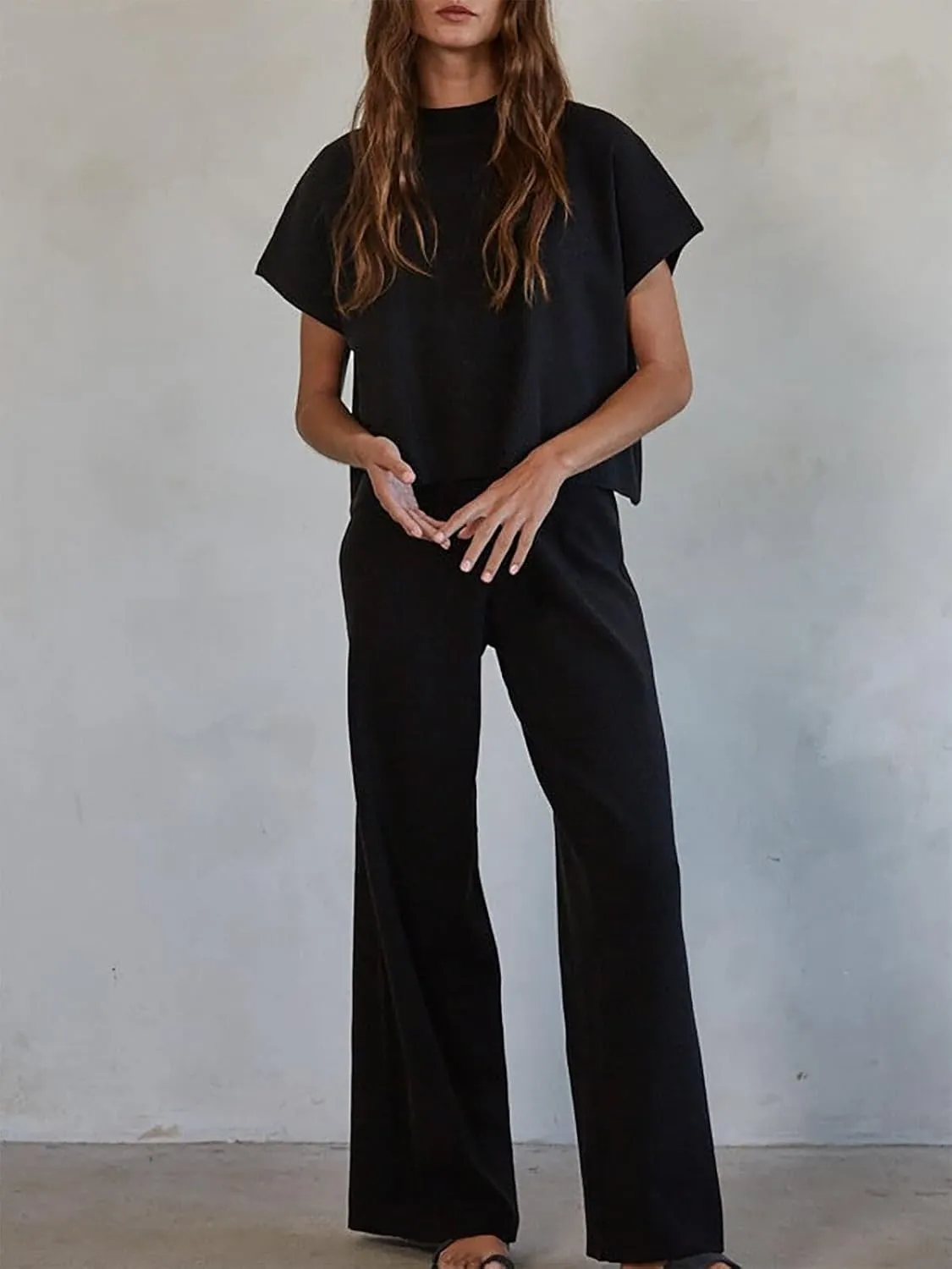 Imily Bela Women's 2 Piece Outfits Sweater Knit Sets Mock Neck Short Sleeve Tops Wide Leg Pants Casual Tracksuit