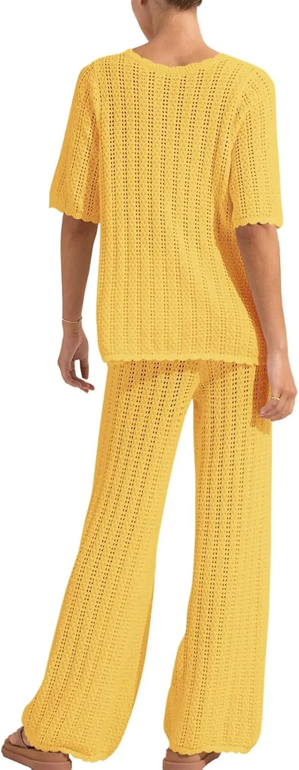 Imily Bela Women's Summer 2 Piece Swimsuit Cover up Crochet Knit Cardigan Tops Long Pants Set Bathing Suit Beach Outfit