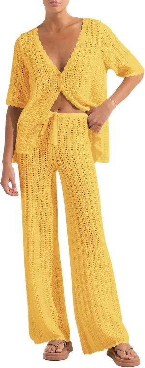 Imily Bela Women's Summer 2 Piece Swimsuit Cover up Crochet Knit Cardigan Tops Long Pants Set Bathing Suit Beach Outfit
