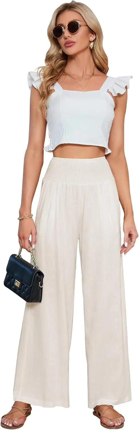 JASPAL Women Casual High Waisted Palazzo Pants Wide Leg Long Lounge Trendy Trousers with Pocket