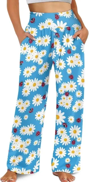 JEOCODY Women's Casual Wide Leg Pants Elastic Waist Loose Lounge Pants with Pockets Size S-3XL
