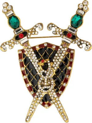 Knighthood Double Sword Brooch with Emerald Stone and Crystal Engravings  Elegant Metal Badge for Men and Women