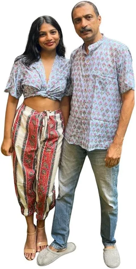 La Tierra Handblock Printed Afghani Harem Pants, Floral Design, Cream and Red (US, Alpha, XX-Small, Small, red and Blue)