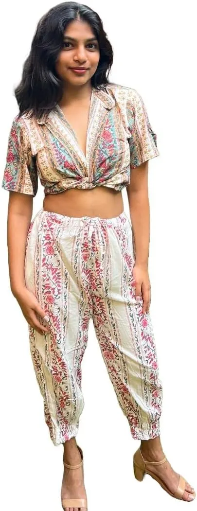 La Tierra Handblock Printed Afghani Harem Pants, Floral Design, Cream and Red (US, Alpha, XX-Small, Small, red and White)
