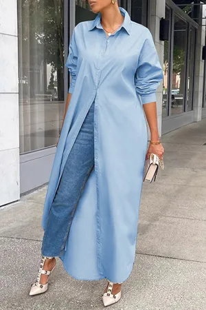 Lapel Solid Color Stylish Long Shirt