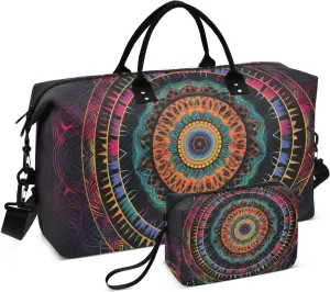 Large Travel Duffel Bag, Boho Mandala Colorful Sports Tote Gym Bag, Shoulder Weekender Overnight Bag for Women Men, Carry On Luggage with Toiletry Bags