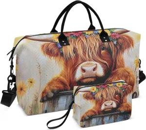 Large Travel Duffel Bag Bucket Highland Cow Sports Tote Gym Bags, Shoulder Weekender Overnight Bags for Women Men, Carry On Luggage with Toiletry Bag