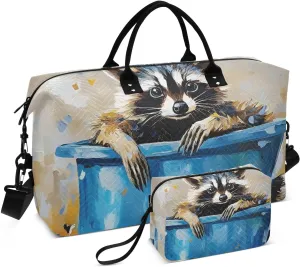 Large Travel Duffel Bag, Funny Raccoon Blue Bucket Sport Tote Gym Bag, Shoulder Weekender Overnight Bag for Women Men, Carry On Luggage with Toiletry Bag