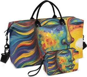 Large Travel Duffel Bag, Moon Sun Face Sport Tote Gym Bag, Shoulder Weekender Overnight Bag for Women Men, Carry On Luggage with Toiletry Bag