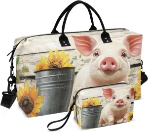 Large Travel Duffel Bag Pig Cute Bucket Sunflower Sports Tote Gym Bags, Shoulder Weekender Overnight Bags for Women Men, Carry On Luggage with Toiletry Bag