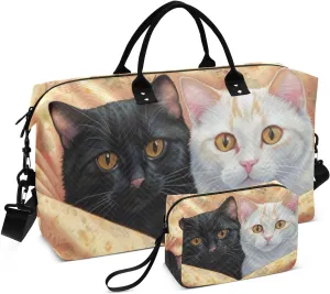 Large Travel Duffel Bag, White Black Cats Bucket Sport Tote Gym Bag, Shoulder Weekender Overnight Bag for Women Men, Carry On Luggage with Toiletry Bag
