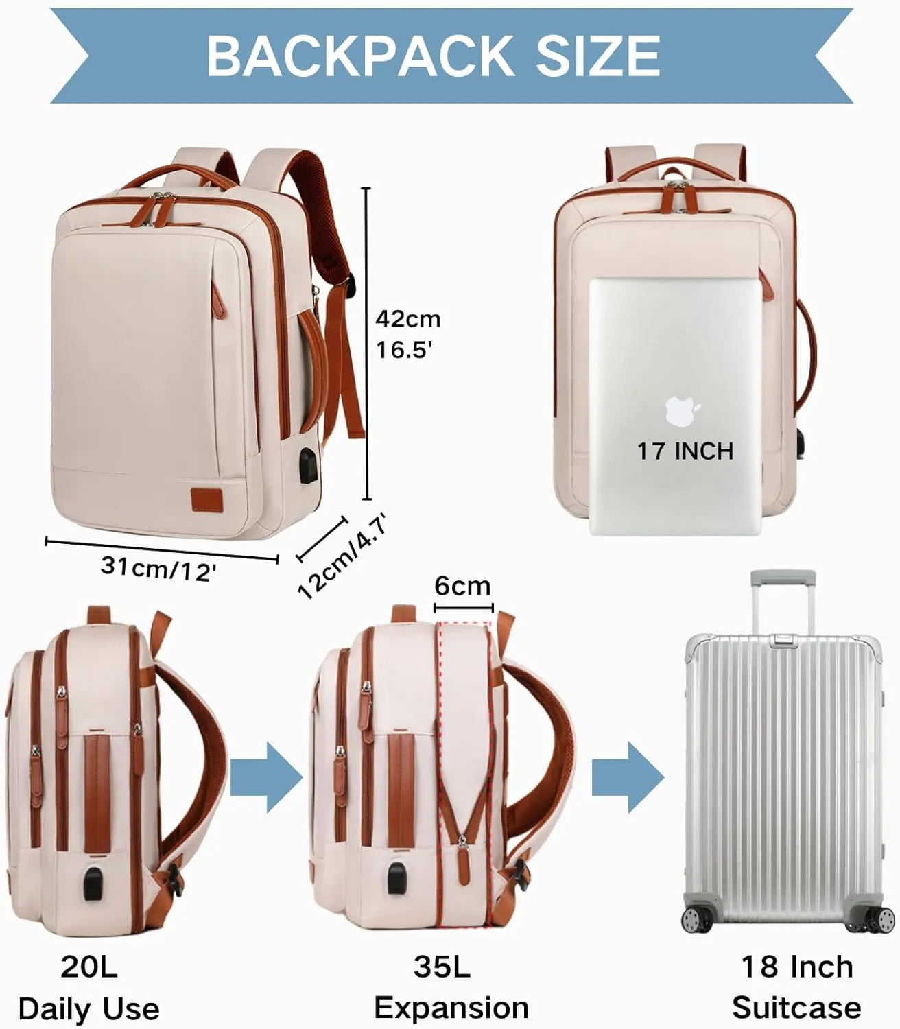 Large Travel Laptop Backpack for Men Women, Expandable Waterproof Carry On Backpack Airline Approved with USB Charging Port & Wet Pocket, 15.6" Business Work Backpack Rucksack Casual Daypack - Pink