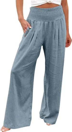 Linen Palazzo Pants for Women Summer Stretch Smocked Waist Lounge Trousers Flowy Beach Pants with Pockets