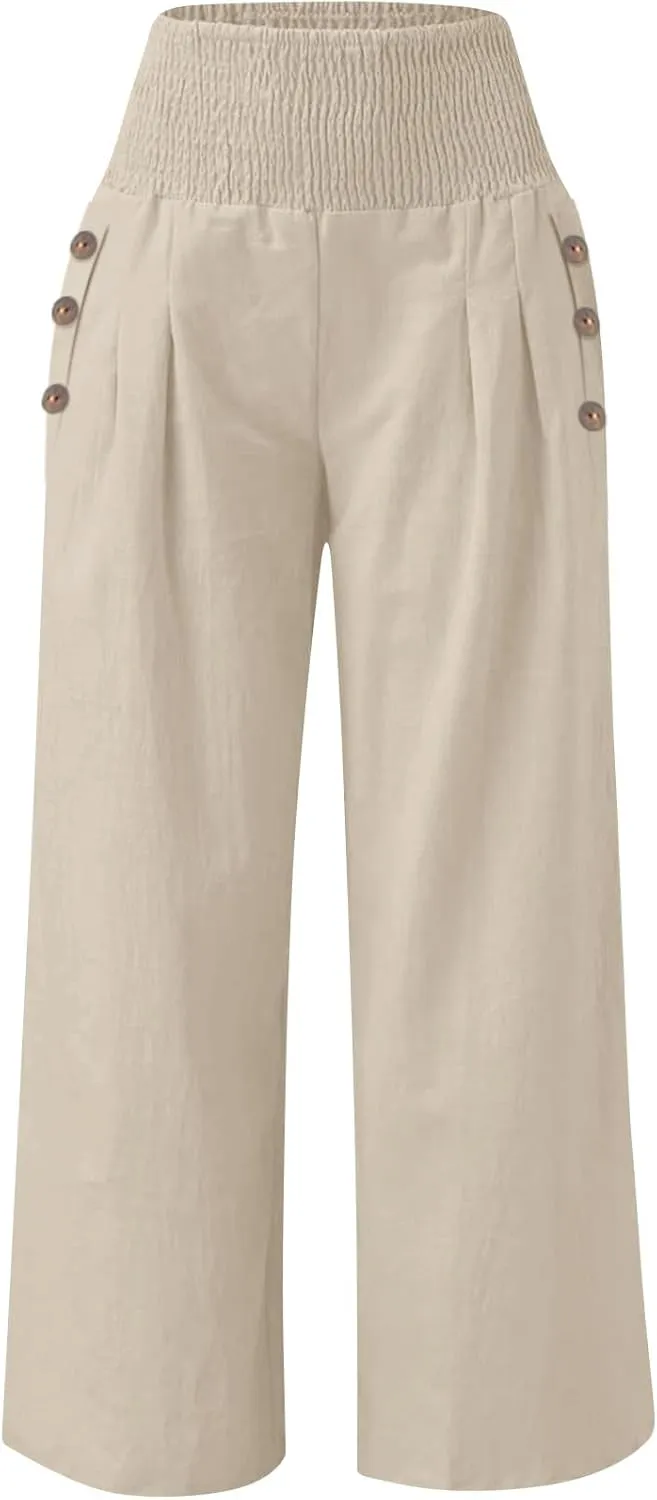 Linen Palazzo Pants for Women Summer Stretch Smocked Waist Lounge Trousers Flowy Beach Pants with Pockets
