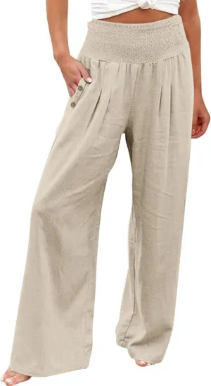 Linen Palazzo Pants for Women Summer Stretch Smocked Waist Lounge Trousers Flowy Beach Pants with Pockets