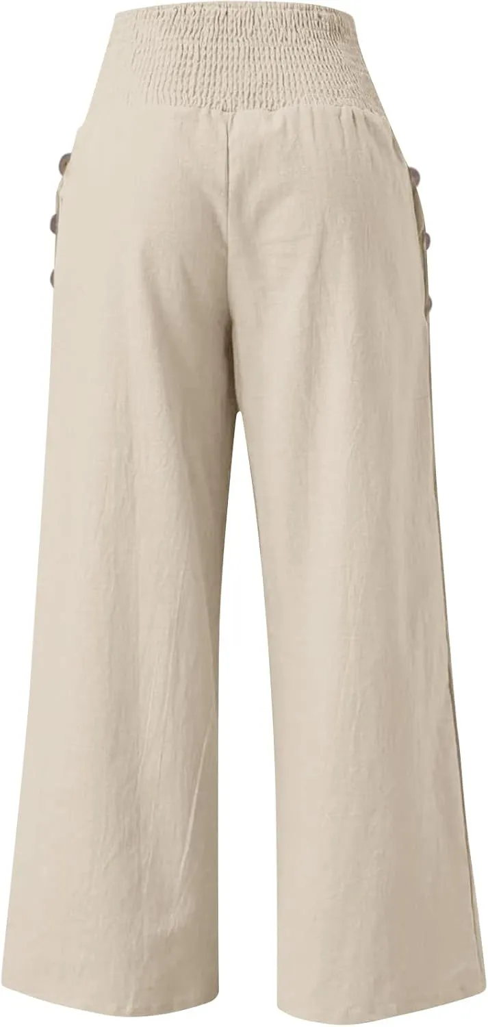 Linen Palazzo Pants for Women Summer Stretch Smocked Waist Lounge Trousers Flowy Beach Pants with Pockets