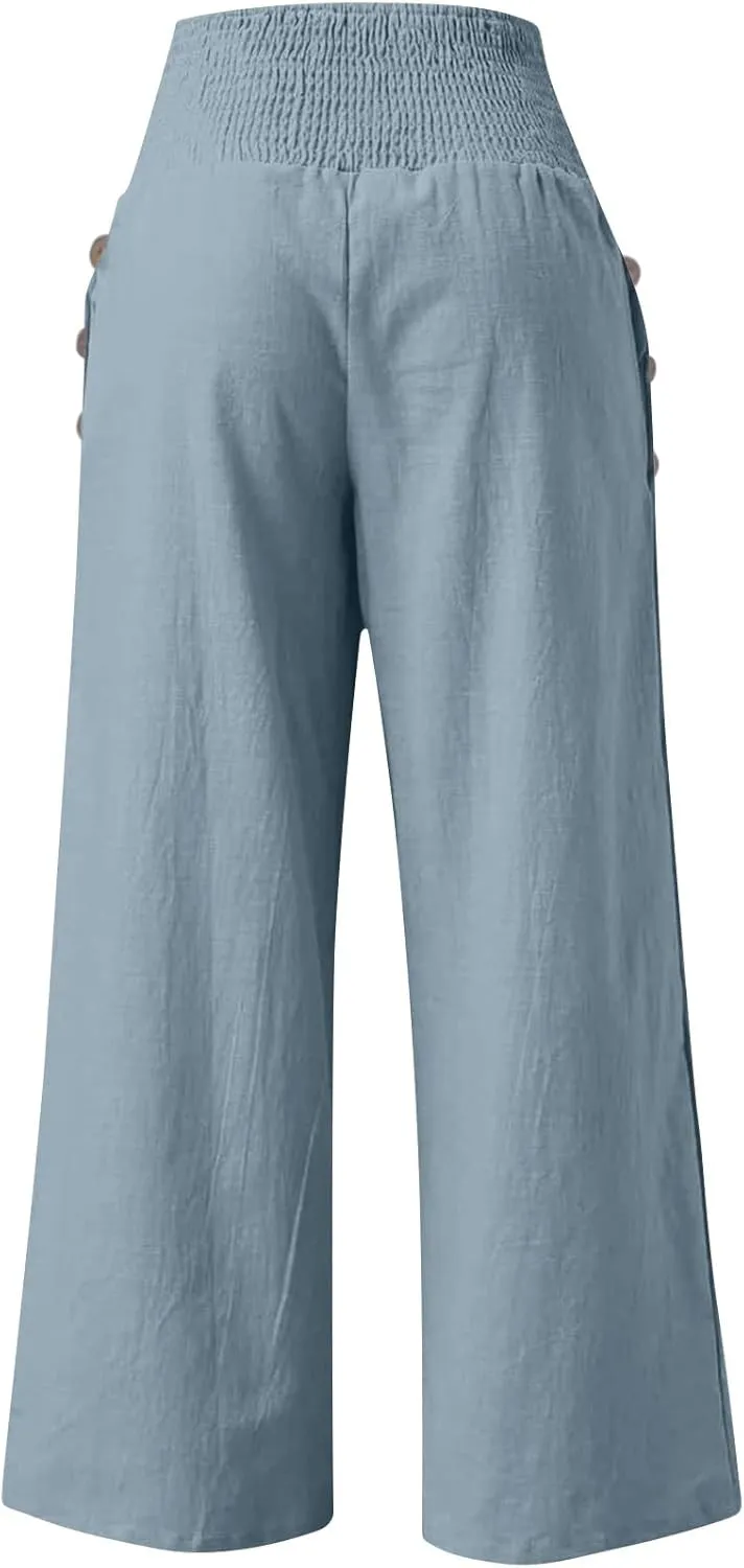 Linen Palazzo Pants for Women Summer Stretch Smocked Waist Lounge Trousers Flowy Beach Pants with Pockets