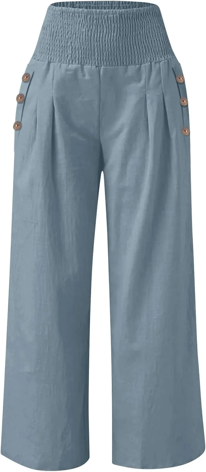 Linen Palazzo Pants for Women Summer Stretch Smocked Waist Lounge Trousers Flowy Beach Pants with Pockets