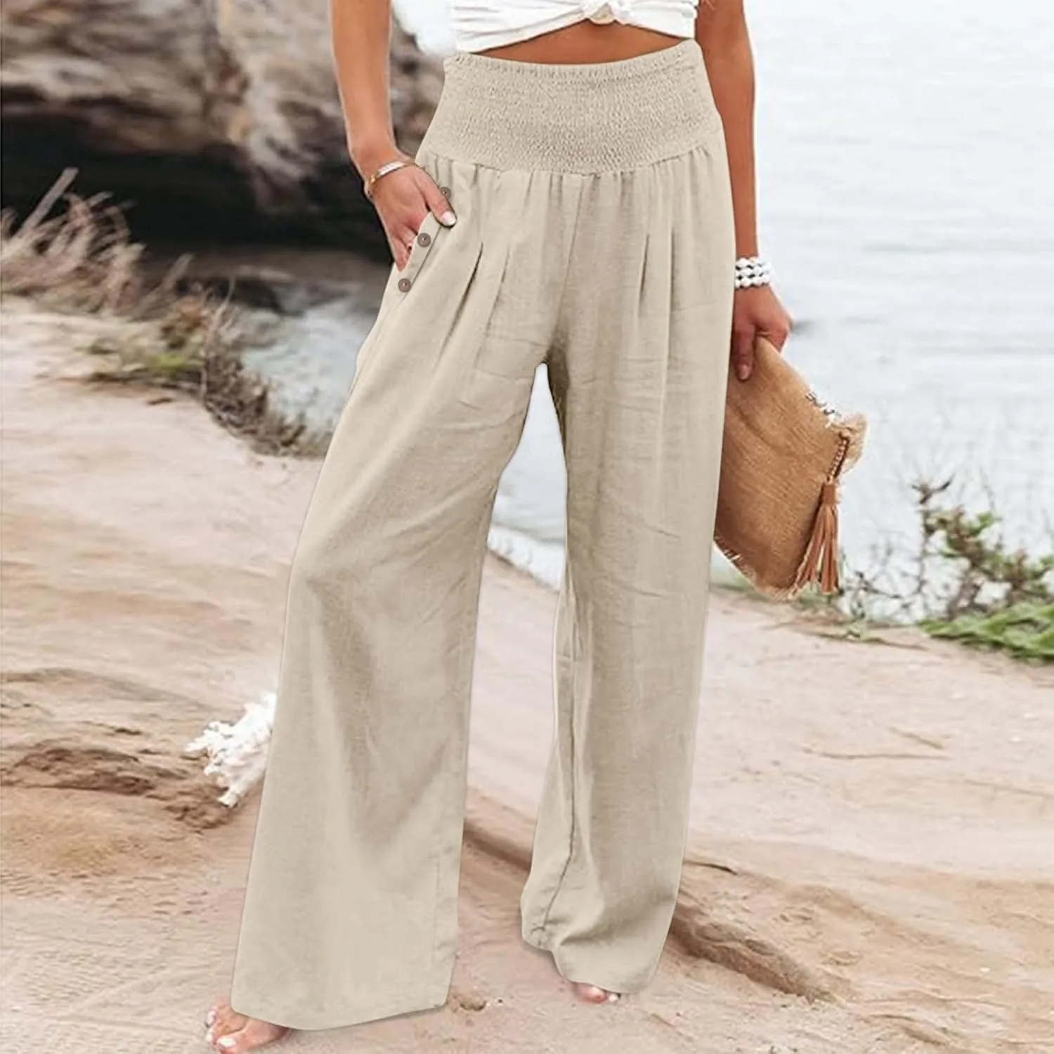 Linen Palazzo Pants for Women Summer Stretch Smocked Waist Lounge Trousers Flowy Beach Pants with Pockets