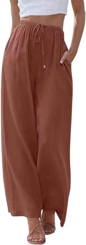 Linen Pants Women Casual Summer Wide Leg Pant 2024 Drawstring High Waist Palazzo Pant with Pockets, Small-X-Large