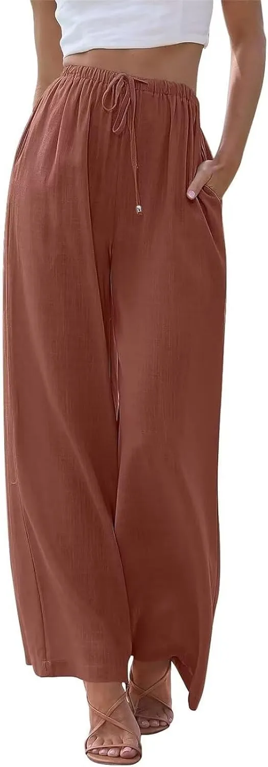 Linen Pants Women Casual Summer Wide Leg Pant 2024 Drawstring High Waist Palazzo Pant with Pockets, Small-X-Large
