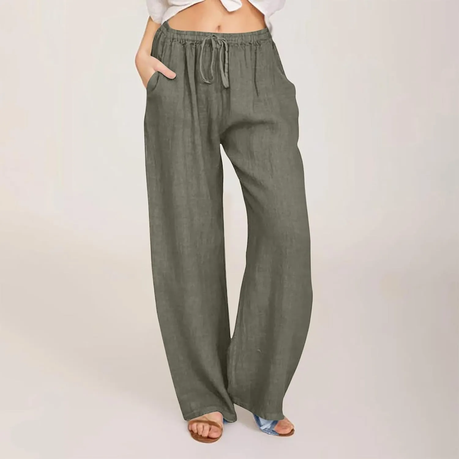 Linen Pants Women Summer Baggy Wide Leg Drawstring Cotton Pants High Waist Lounge Pants Casual Beach Palazzo Trousers