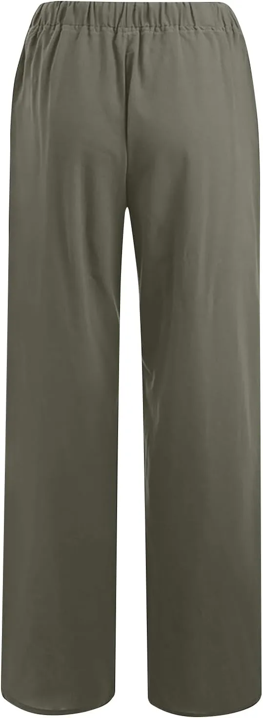 Linen Pants Women Summer Baggy Wide Leg Drawstring Cotton Pants High Waist Lounge Pants Casual Beach Palazzo Trousers
