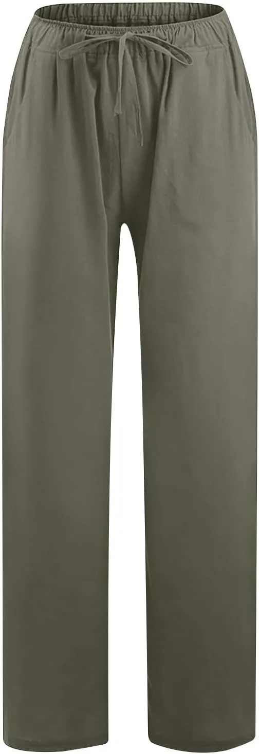 Linen Pants Women Summer Baggy Wide Leg Drawstring Cotton Pants High Waist Lounge Pants Casual Beach Palazzo Trousers