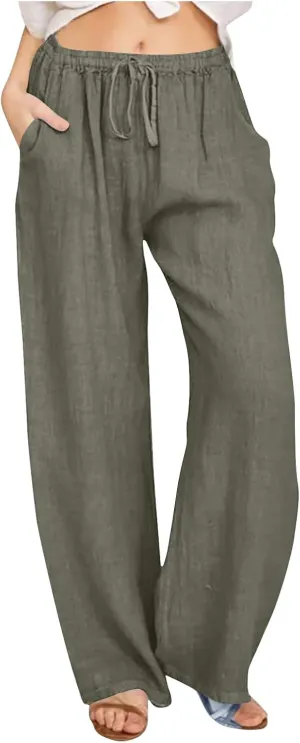 Linen Pants Women Summer Baggy Wide Leg Drawstring Cotton Pants High Waist Lounge Pants Casual Beach Palazzo Trousers