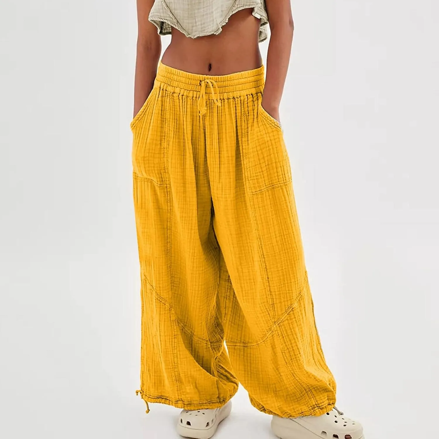 LOAIHA Women's Wide Leg Baggy Pants Drawstring Elastic Waist Harem Pants Casual Palazzo Lounge Trousers with Pockets
