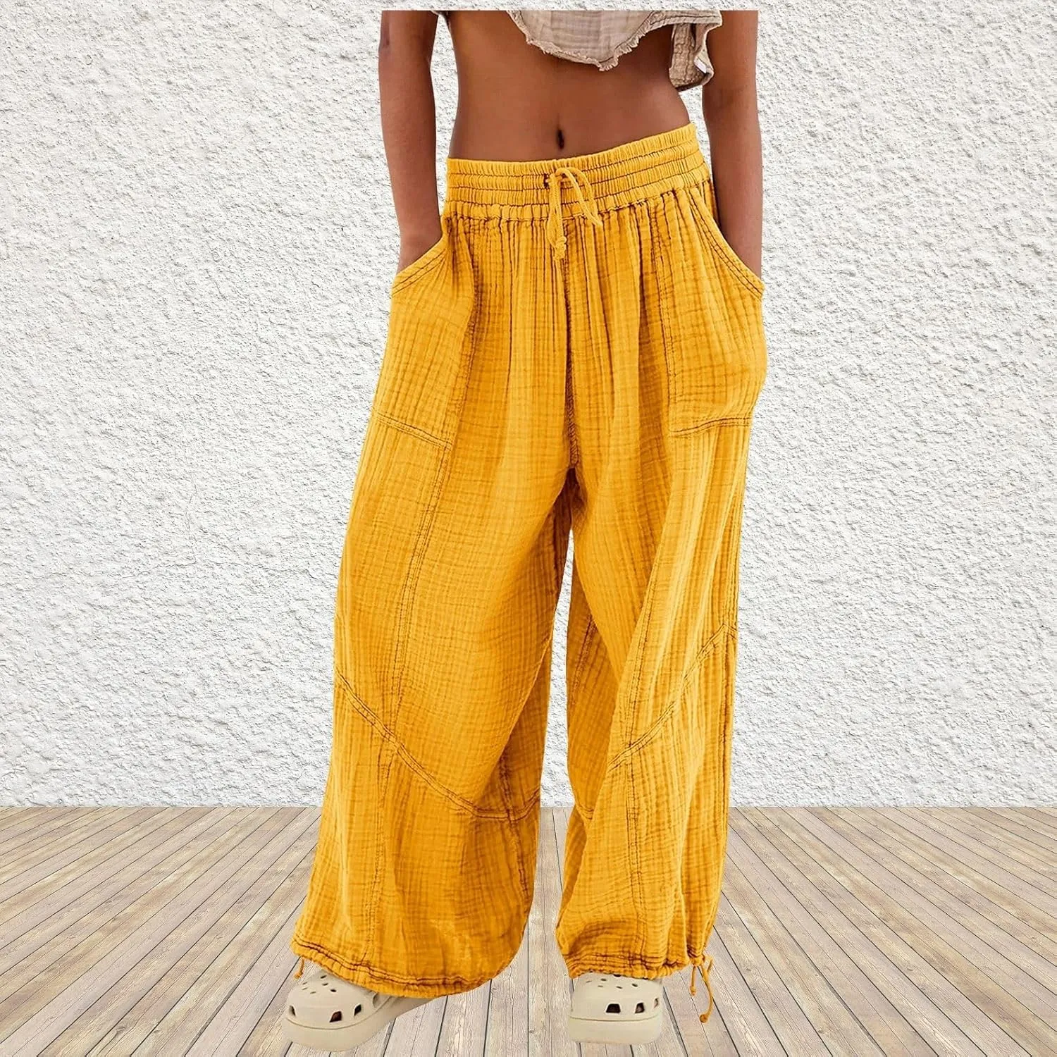 LOAIHA Women's Wide Leg Baggy Pants Drawstring Elastic Waist Harem Pants Casual Palazzo Lounge Trousers with Pockets