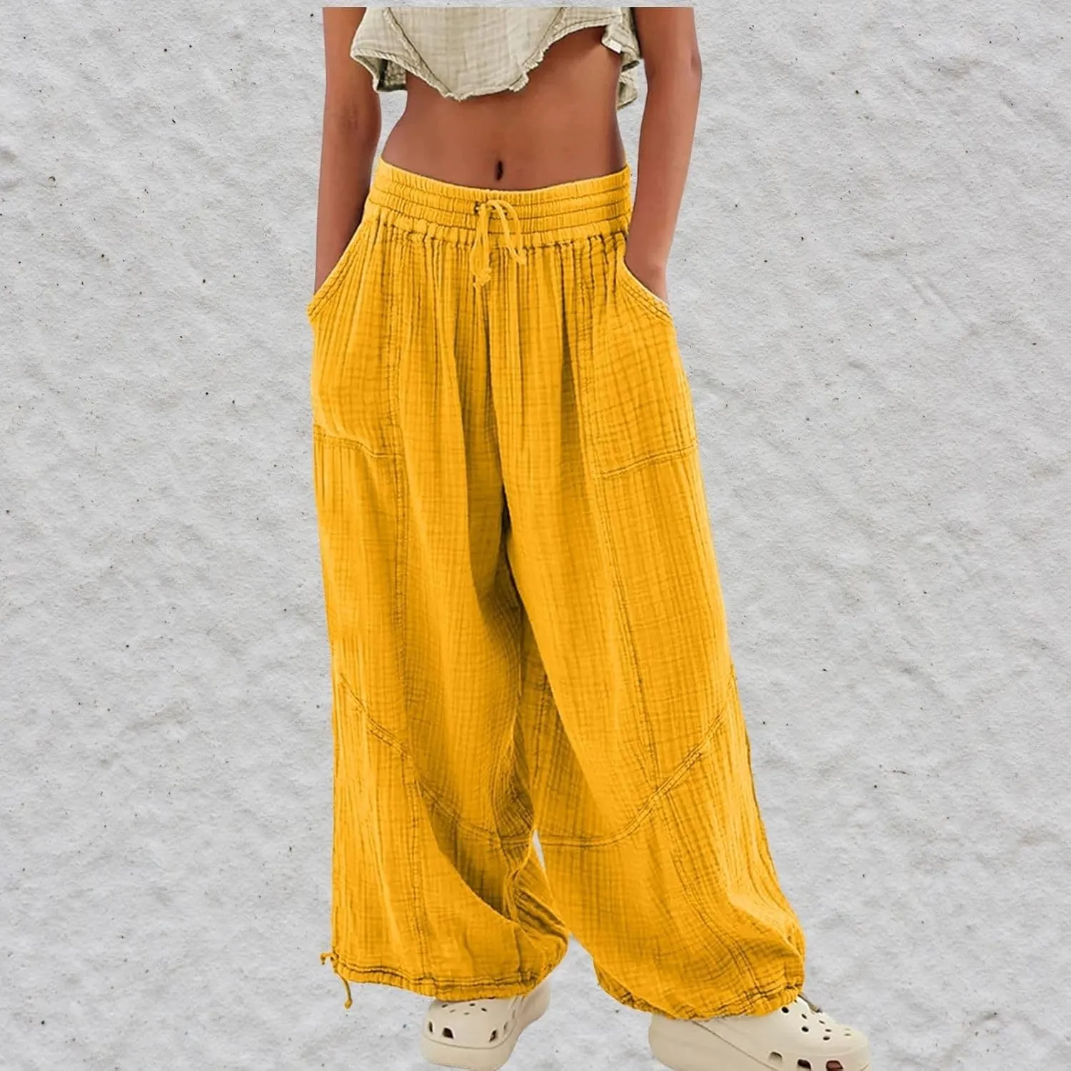 LOAIHA Women's Wide Leg Baggy Pants Drawstring Elastic Waist Harem Pants Casual Palazzo Lounge Trousers with Pockets