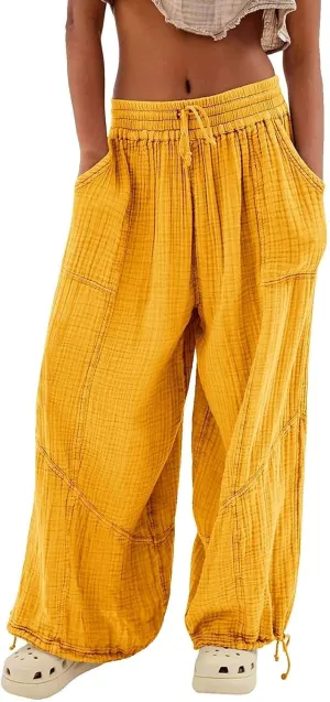 LOAIHA Women's Wide Leg Baggy Pants Drawstring Elastic Waist Harem Pants Casual Palazzo Lounge Trousers with Pockets