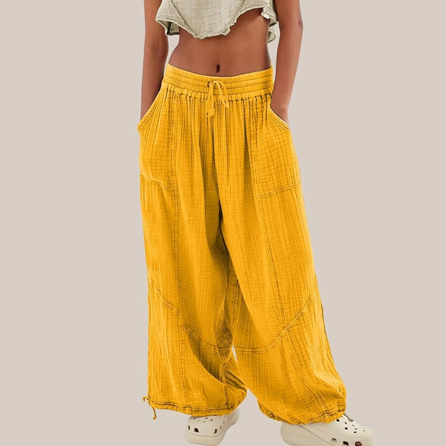 LOAIHA Women's Wide Leg Baggy Pants Drawstring Elastic Waist Harem Pants Casual Palazzo Lounge Trousers with Pockets