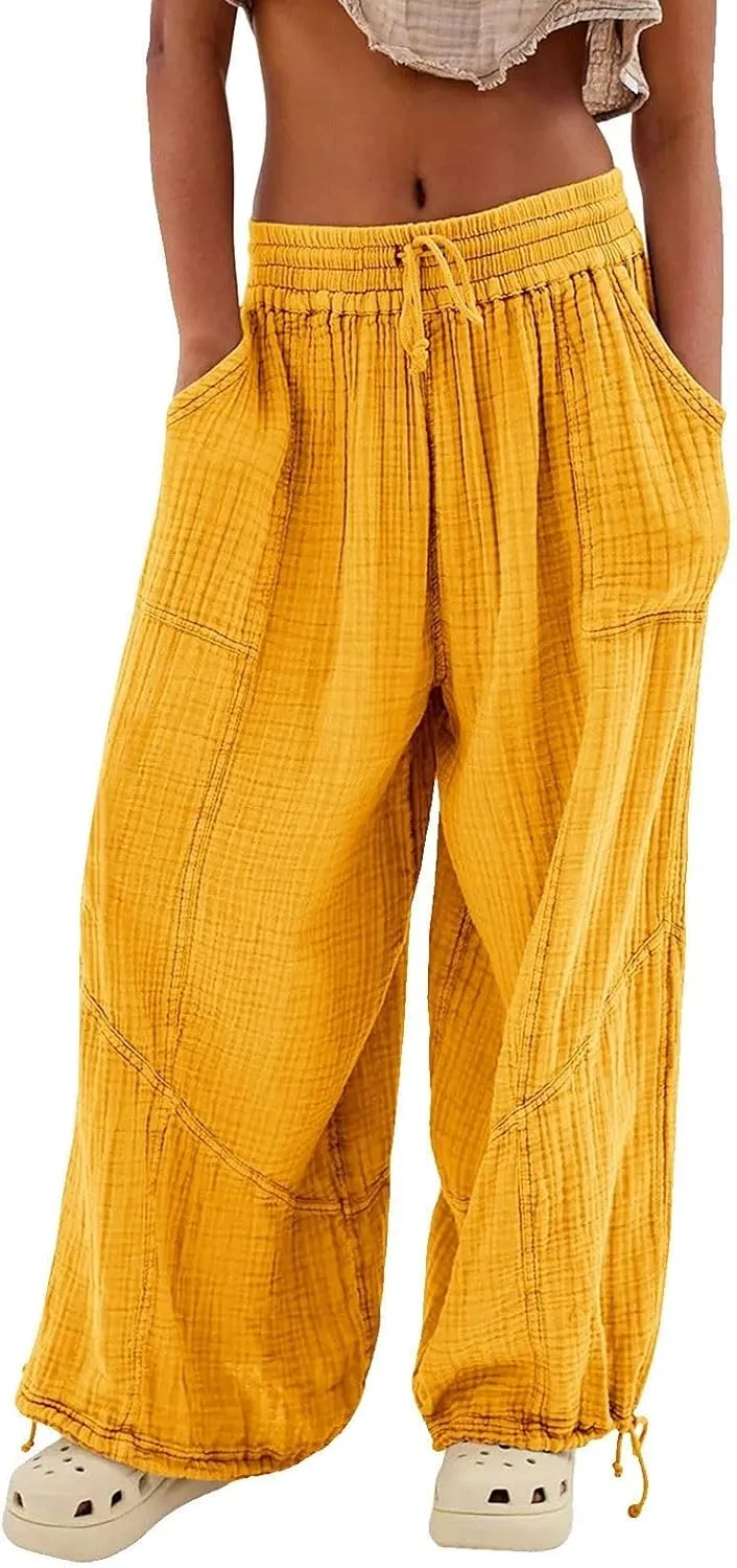 LOAIHA Women's Wide Leg Baggy Pants Drawstring Elastic Waist Harem Pants Casual Palazzo Lounge Trousers with Pockets
