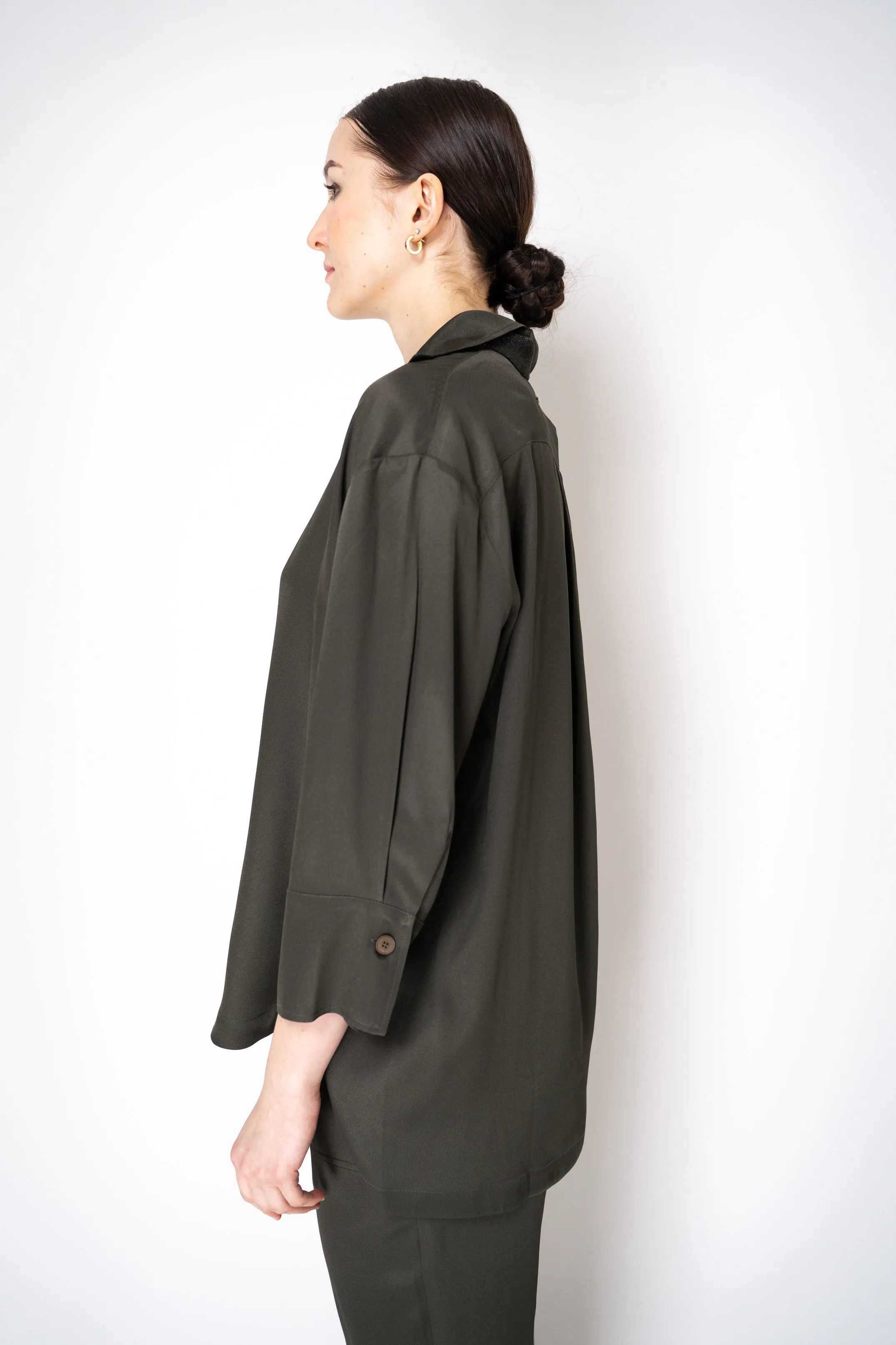 Lorena Antoniazzi Silk Twill Zip-Up Shirt Jacket in Olive Green