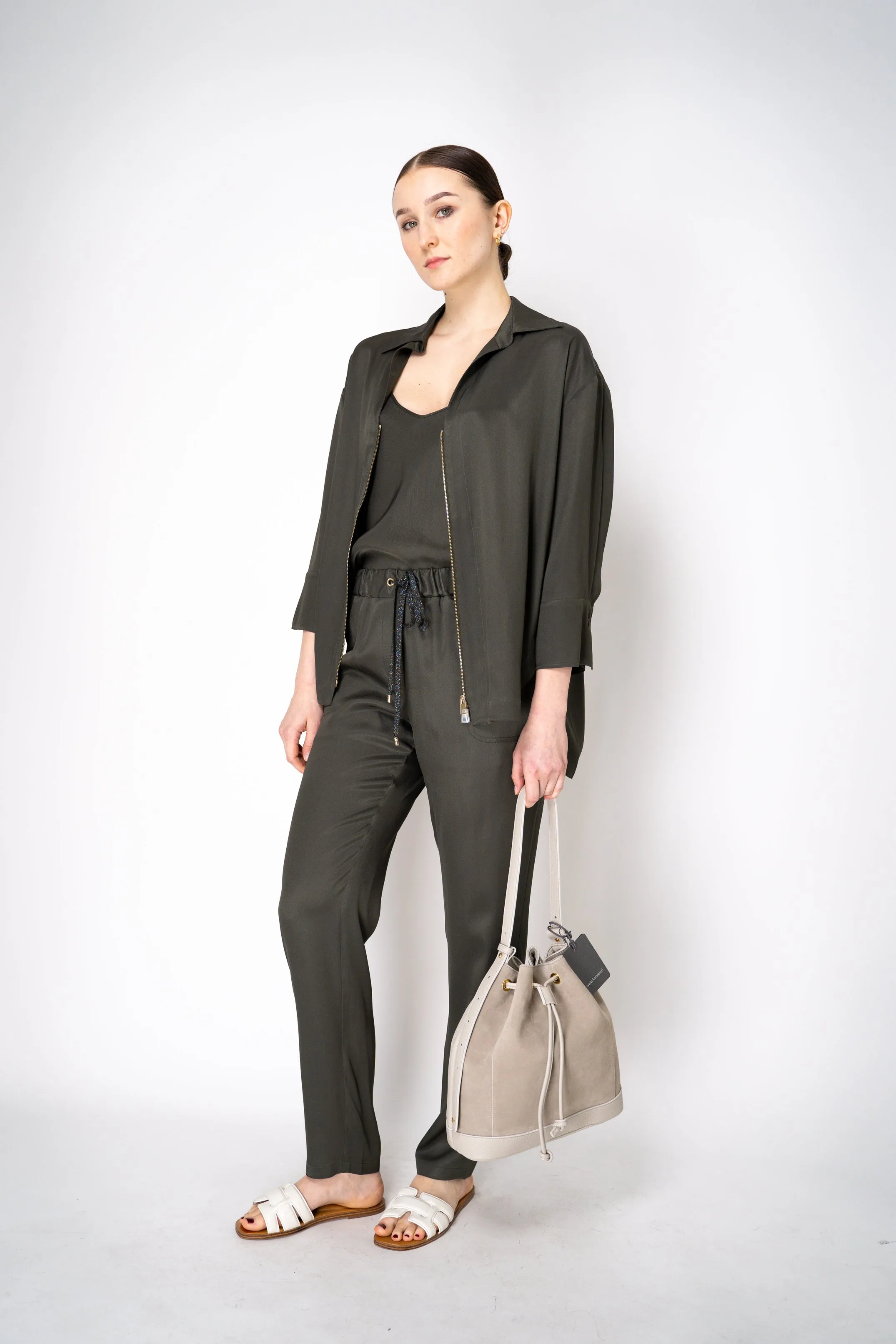 Lorena Antoniazzi Silk Twill Zip-Up Shirt Jacket in Olive Green
