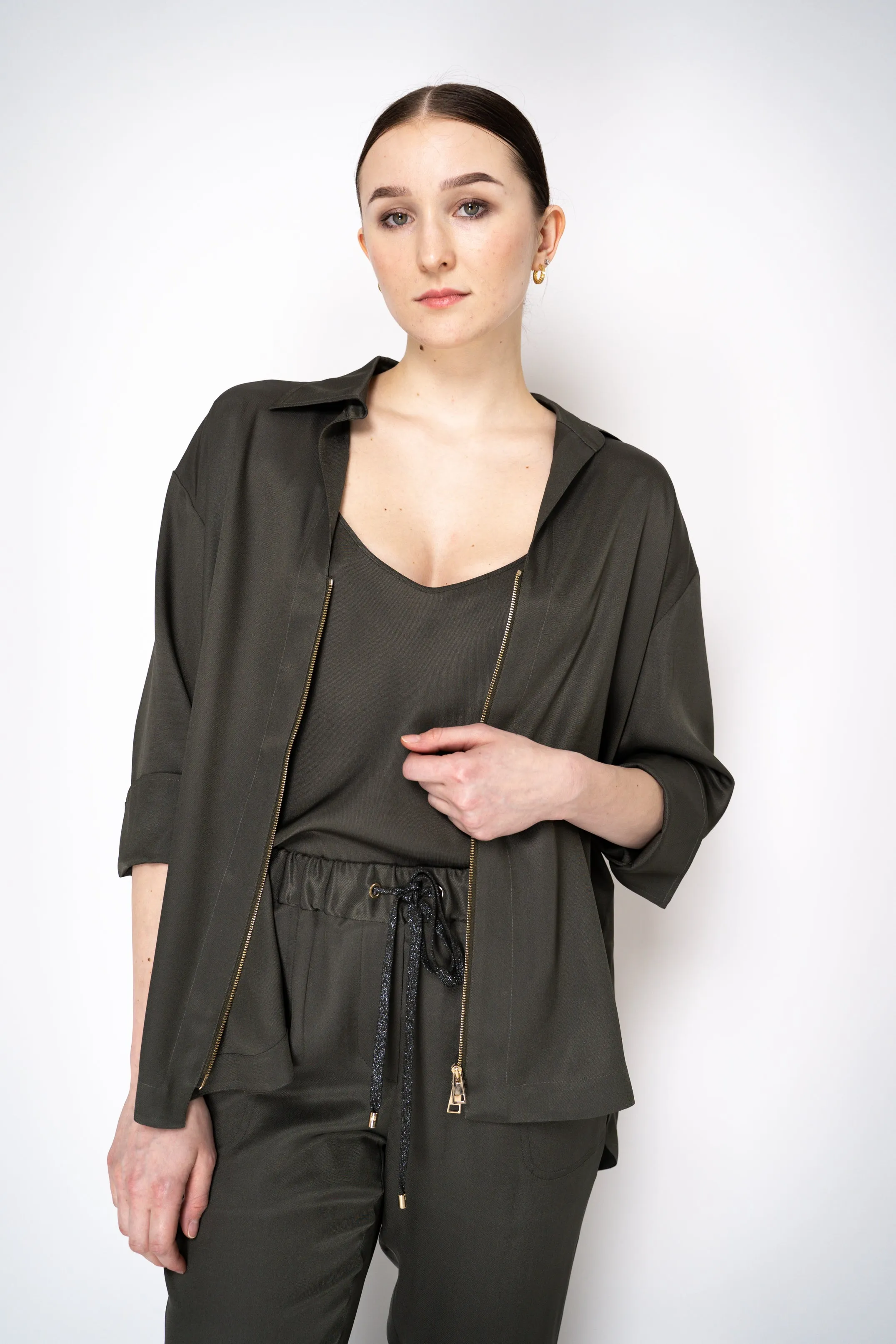 Lorena Antoniazzi Silk Twill Zip-Up Shirt Jacket in Olive Green