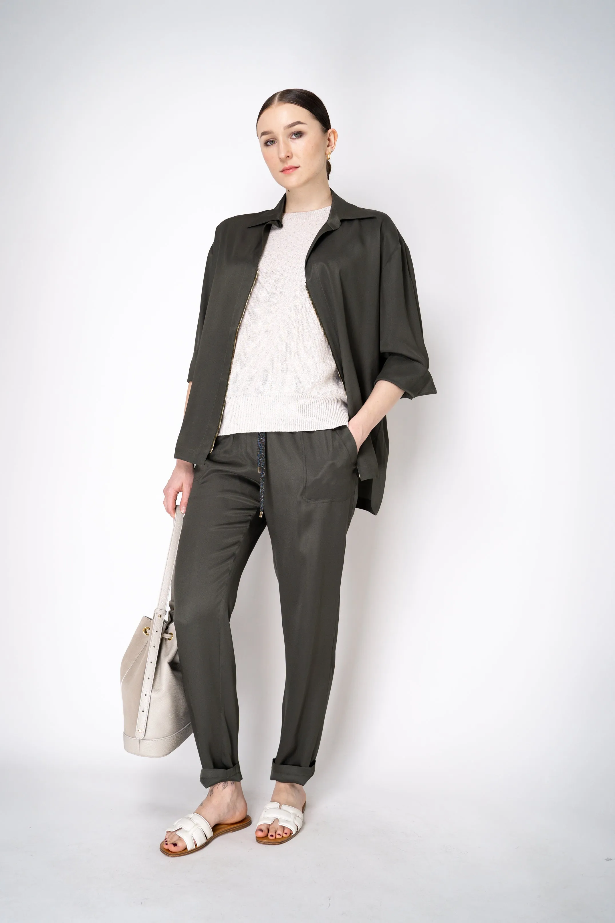 Lorena Antoniazzi Silk Twill Zip-Up Shirt Jacket in Olive Green