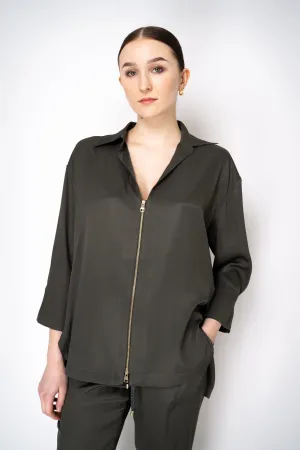Lorena Antoniazzi Silk Twill Zip-Up Shirt Jacket in Olive Green
