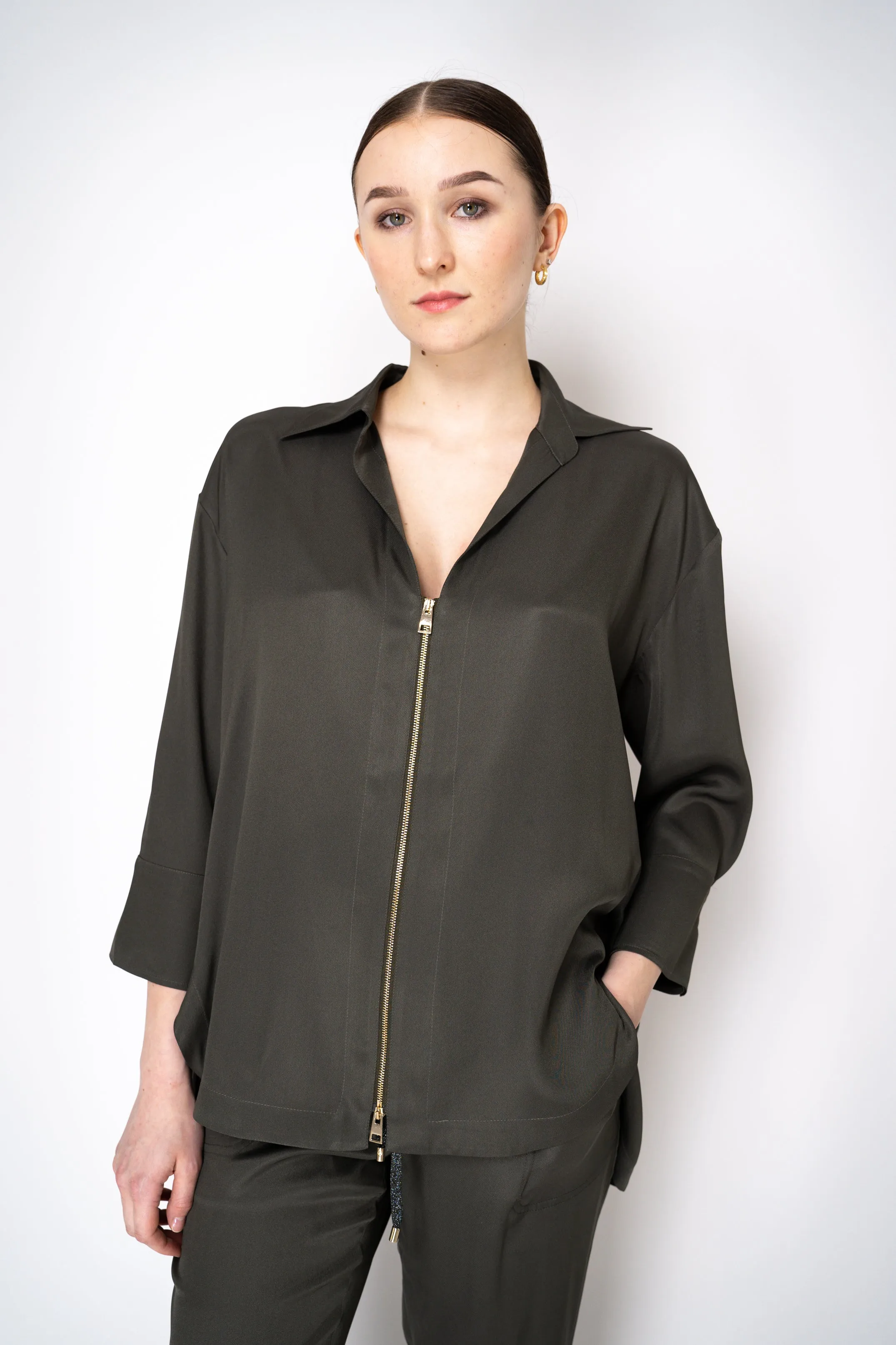Lorena Antoniazzi Silk Twill Zip-Up Shirt Jacket in Olive Green