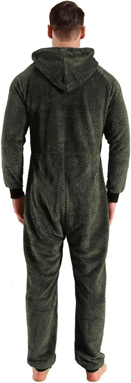 Lu's Chic Men's Hooded Onesie Pajamas Lightweight Fuzzy Fleece Zip Up Jumpsuit Long Sleeve Long Pants One Piece Pjs