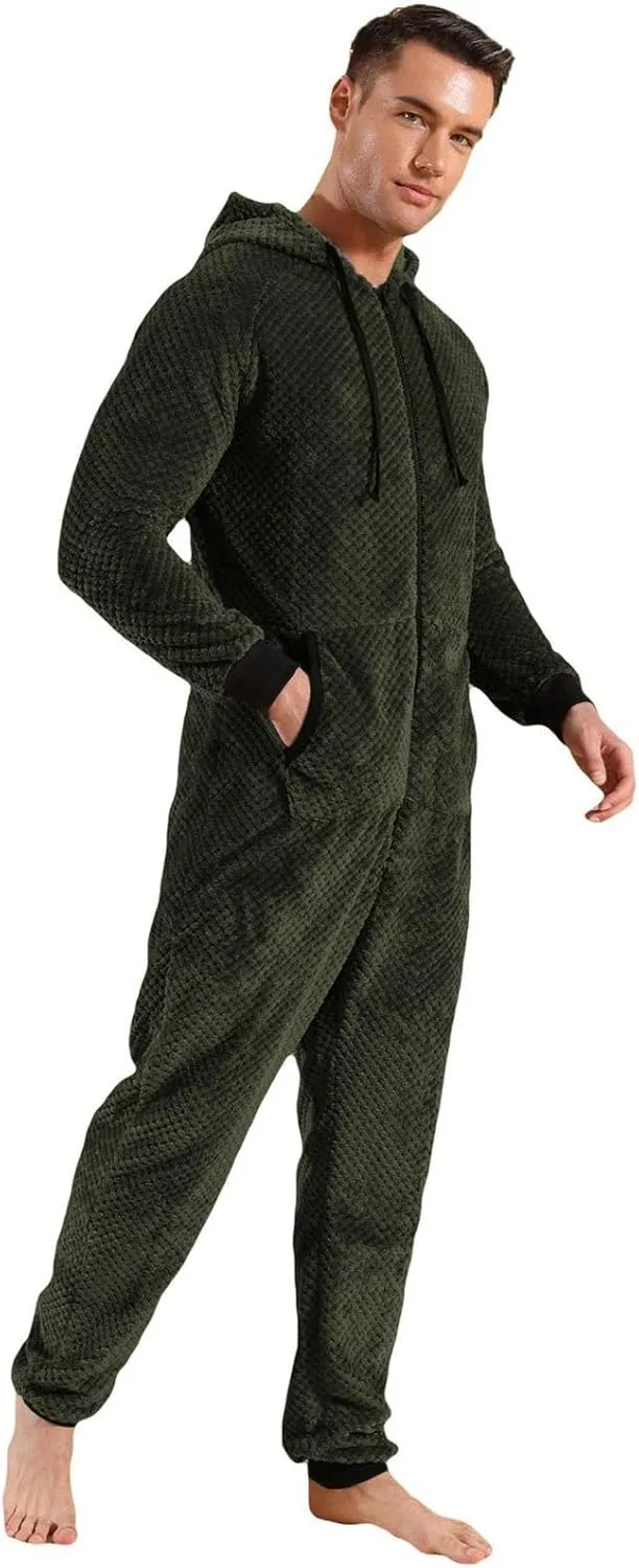 Lu's Chic Men's Hooded Onesie Pajamas Lightweight Fuzzy Fleece Zip Up Jumpsuit Long Sleeve Long Pants One Piece Pjs