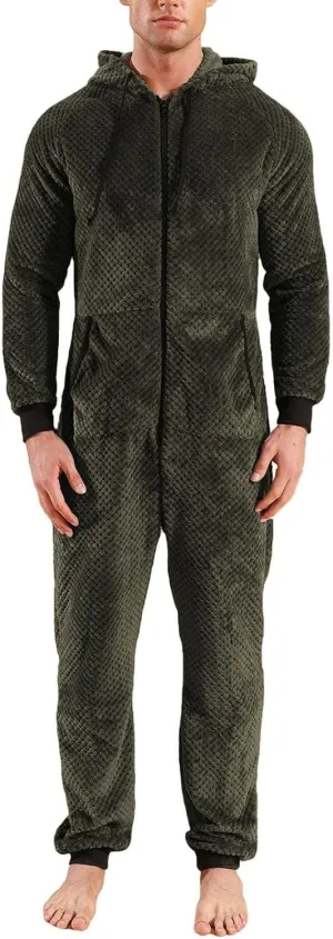 Lu's Chic Men's Hooded Onesie Pajamas Lightweight Fuzzy Fleece Zip Up Jumpsuit Long Sleeve Long Pants One Piece Pjs