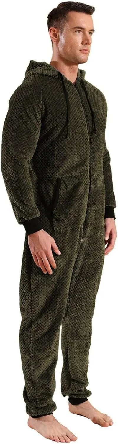 Lu's Chic Men's Hooded Onesie Pajamas Lightweight Fuzzy Fleece Zip Up Jumpsuit Long Sleeve Long Pants One Piece Pjs