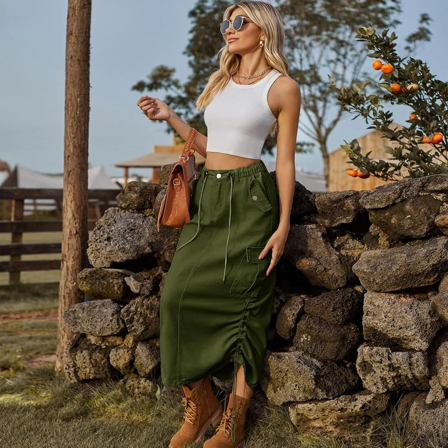 Lu's Chic Women's Denim Skirt Elastic Waist Cargo Western Jean Skirt Summer Pleated Button Pocket Drawstring